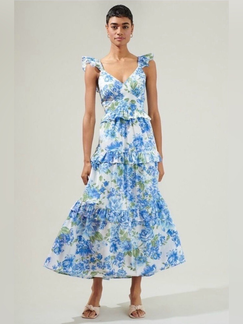 Sugarlips Truth Be Told Blue Floral Tiered Maxi Poplin Summer Dress